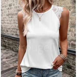 White Rib Knit Lace Detail Tank Top Tee Shirt